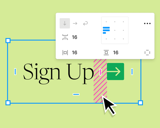 Cursor utilizing the auto layout panel to establish spacing between a “Sign Up” CTA and green arrow button.