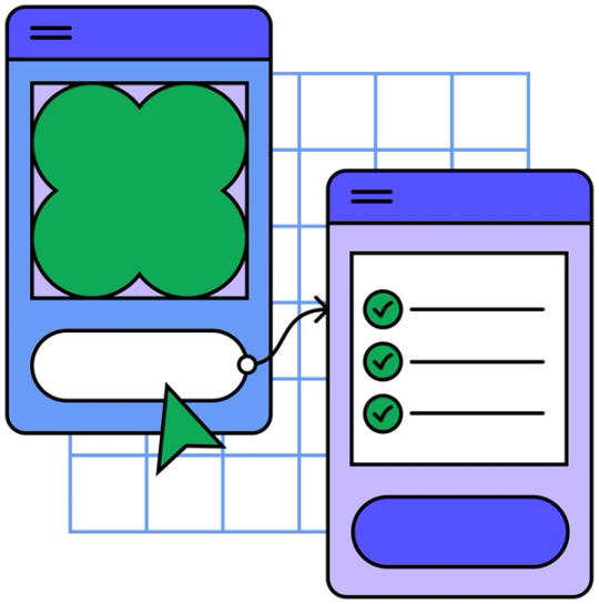 Green, blue, and purple wireframes connected by a prototype link on a blue grid.