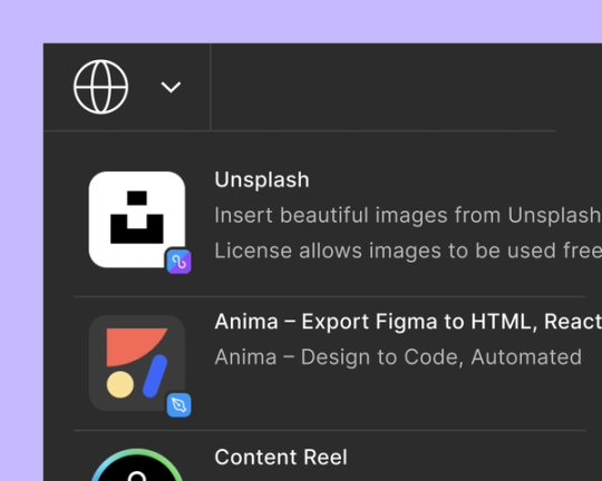 A Figma community menu showing a list of available plugins