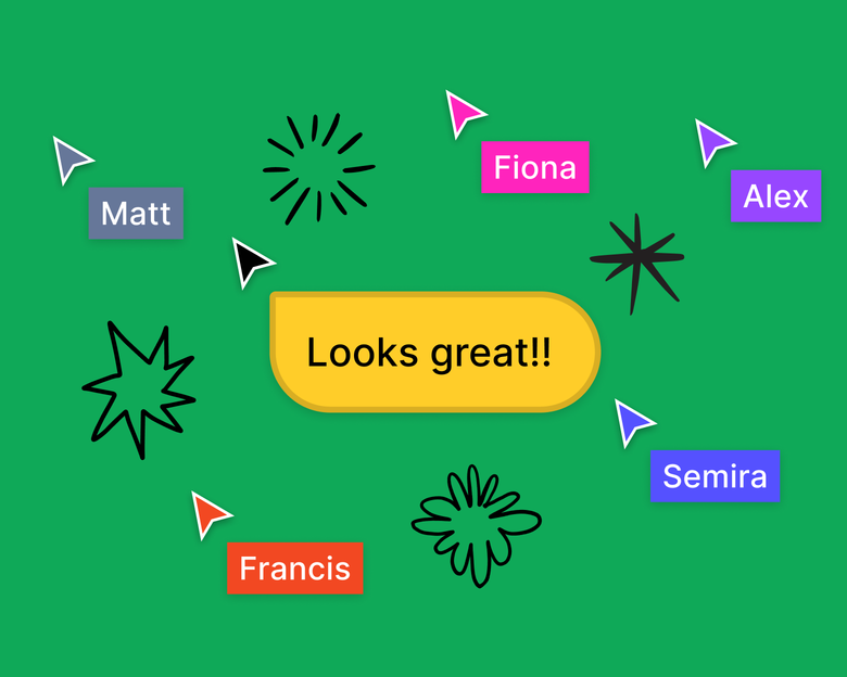 Five teammate cursors hovering over black star illustrations with a green background and a yellow cursor chat saying “Looks great!!”