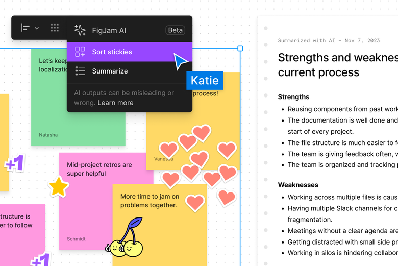 A FigJam board with several stickies being sorted  and summarized using FigJam AI.