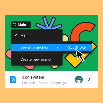 A cursor viewing branches for a Figma file titled “Icon system.”