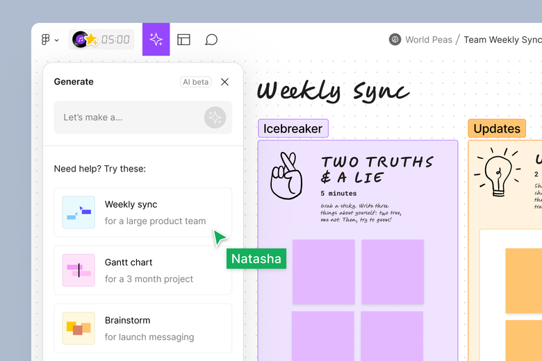 A cusror hovers over "Weekly Sync" and a FigJam weekly sync template is present on the FigJam board.