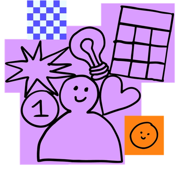 A large group of purple stickies with a hand-drawn person, calendar, lightbulb, and other shapes