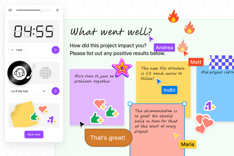 A FigJam board with a timer, stamps, stickies, and cursor chat that says "That's great".