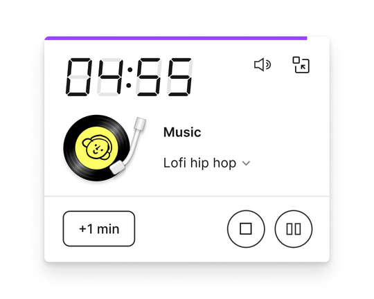 Widget de temporizador configurado en 4 minutos y 55 segundos que reproduce música «lo-fi hip hop»