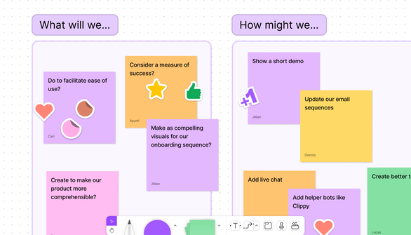 Two columns on FigJam board with stickies answering: "what will we" and "how might we"