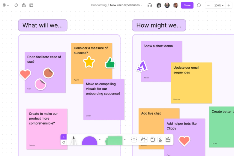 Un archivo de FigJam denominado «Onboarding» (Incorporación) con secciones y notas adhesivas para mejorar la experiencia de un nuevo usuario