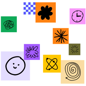 Stickies of various colors and sizes arranged artfully, featuring hand drawn icons and patterns