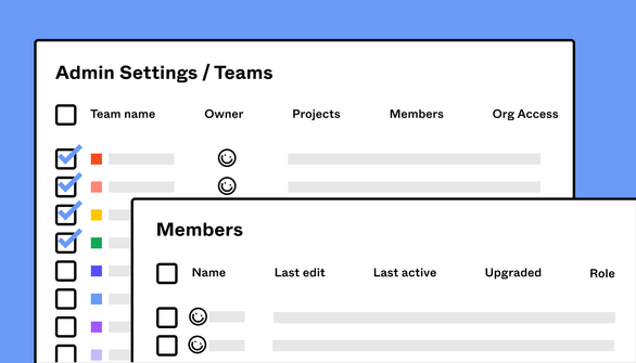 A screen of admin settings/teams and another of members