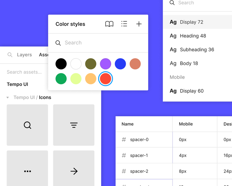 A product screenshot showing a library of icons, colors, and typeface styles