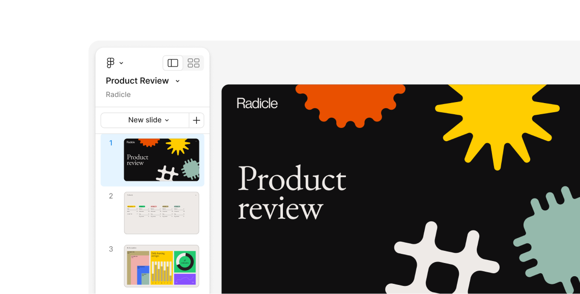 Figma Slides interface with product review slide