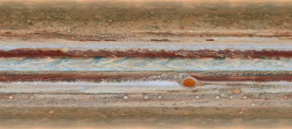 This global map of Jupiter was made during the Hubble OPAL Program. The map was observed on 19 January 2015, from 2:00 UTC to 12:30 UTC. Image credit: NASA / ESA / A. Simon, GSFC / M. Wong, University of California, Berkeley / G. Orton, JPL-Caltech.