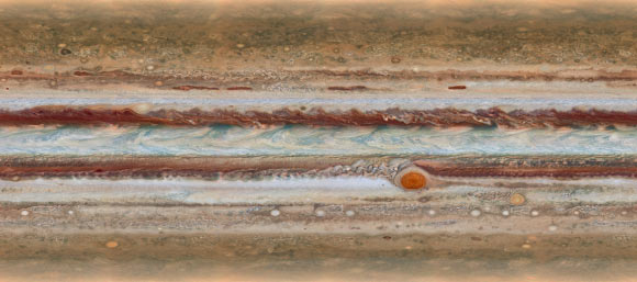 This global map of Jupiter was made during the Hubble OPAL Program. The map was observed on 19 January 2015, from 15:00 UTC to 23:40 UTC. Image credit: NASA / ESA / A. Simon, GSFC / M. Wong, University of California, Berkeley / G. Orton, JPL-Caltech.