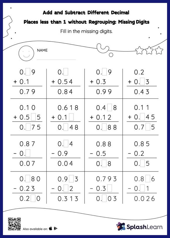 Add and Subtract Different Decimal Places less than 1 without Regrouping: Missing Digits Worksheet