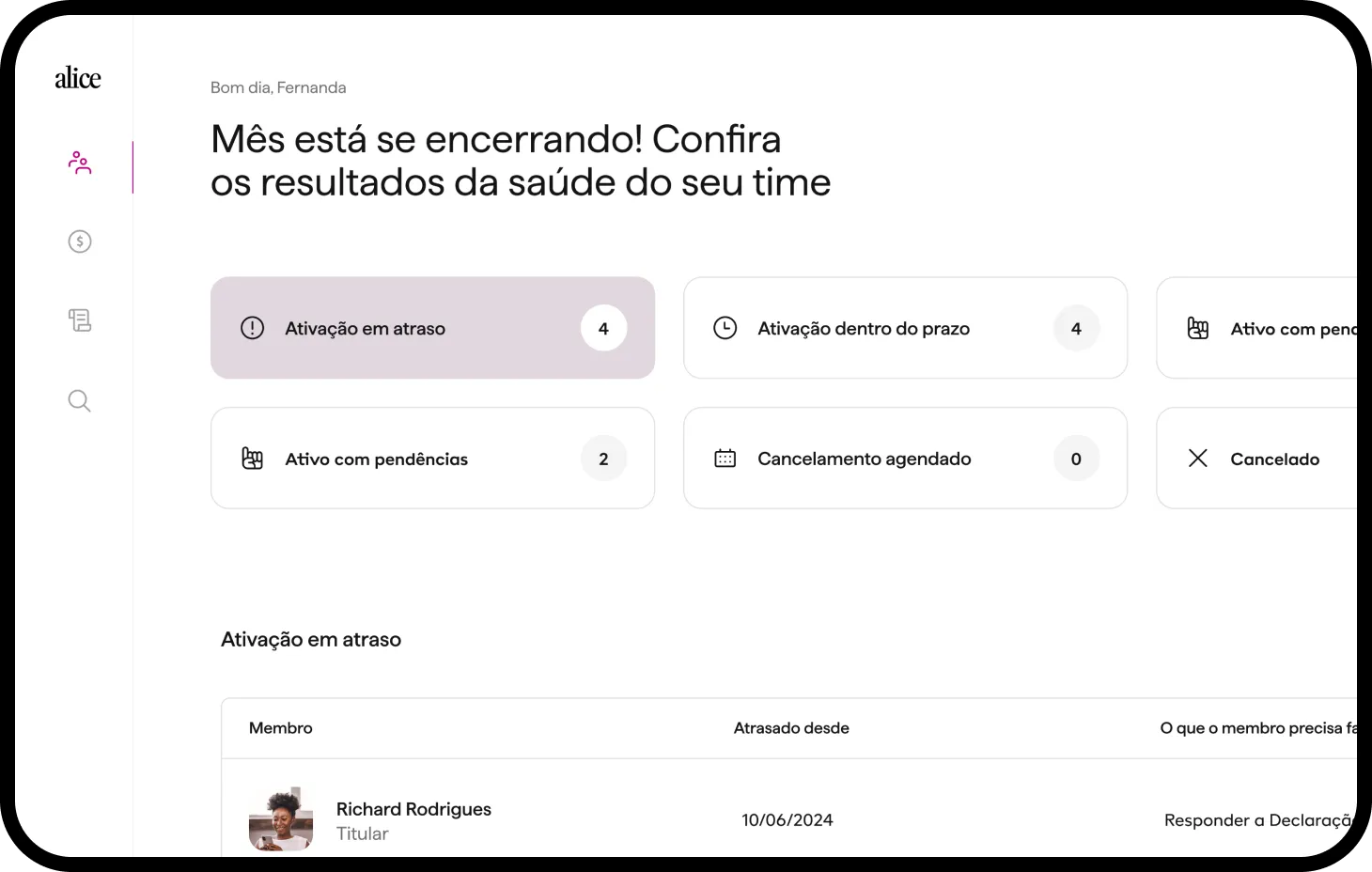 Tela de um sistema de monitoramento da saúde de equipes, exibindo uma mensagem de boas-vindas para Fernanda, com o título: ‘Mês está se encerrando! Confira os resultados da saúde do seu time’. A página exibe quatro seções de status, como ‘Ativação em atraso’, ‘Ativação dentro do prazo’, ‘Ativo com pendências’ e ‘Cancelamento agendado’, cada uma com números indicando a quantidade de casos. Abaixo, uma tabela detalha os membros com ‘Ativação em atraso’, incluindo colunas como ‘Membro’, ‘Atrasado desde’ e ‘O que fazer’. O design é minimalista com ícones e blocos organizados.