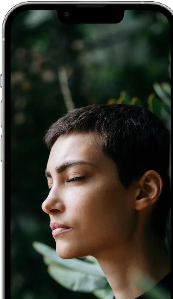 A visual representation of a mobile device with a green background displaying an image of a woman with short hair.