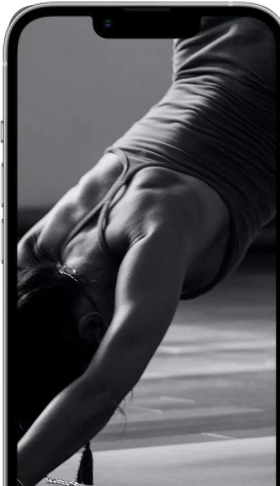 A visual representation of a mobile device with a black and white background displaying an image of a woman performing yoga poses.