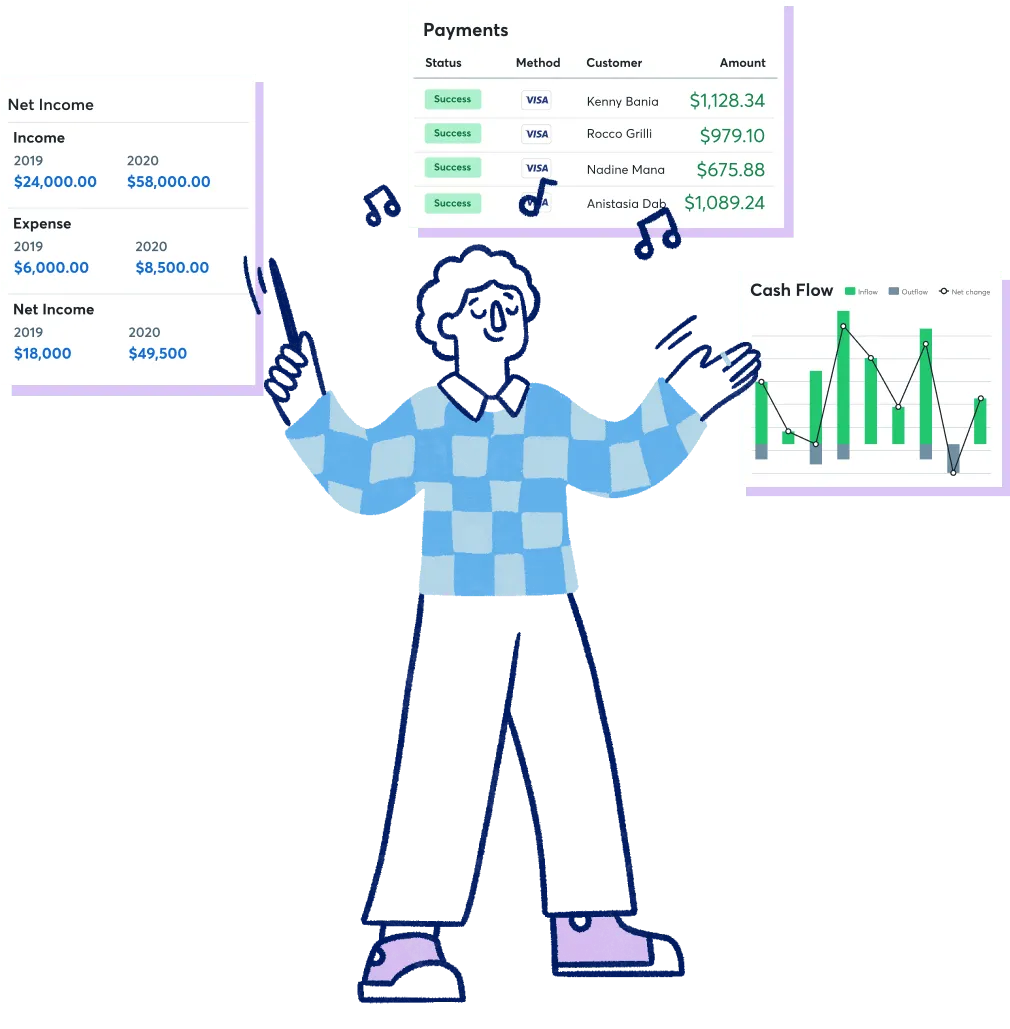 An entrepreneur conductor with Wave's money management dashboards behind them.