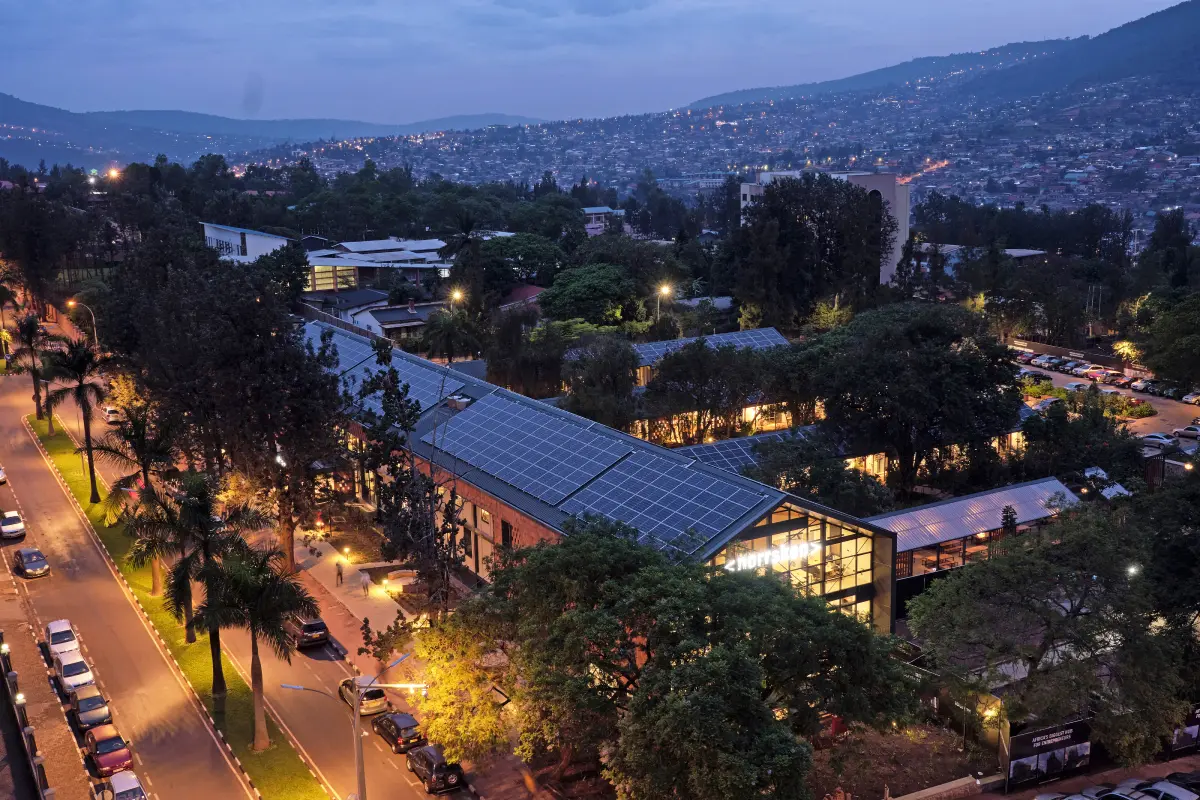 Drone photo a modern district in Kigali during the evening.