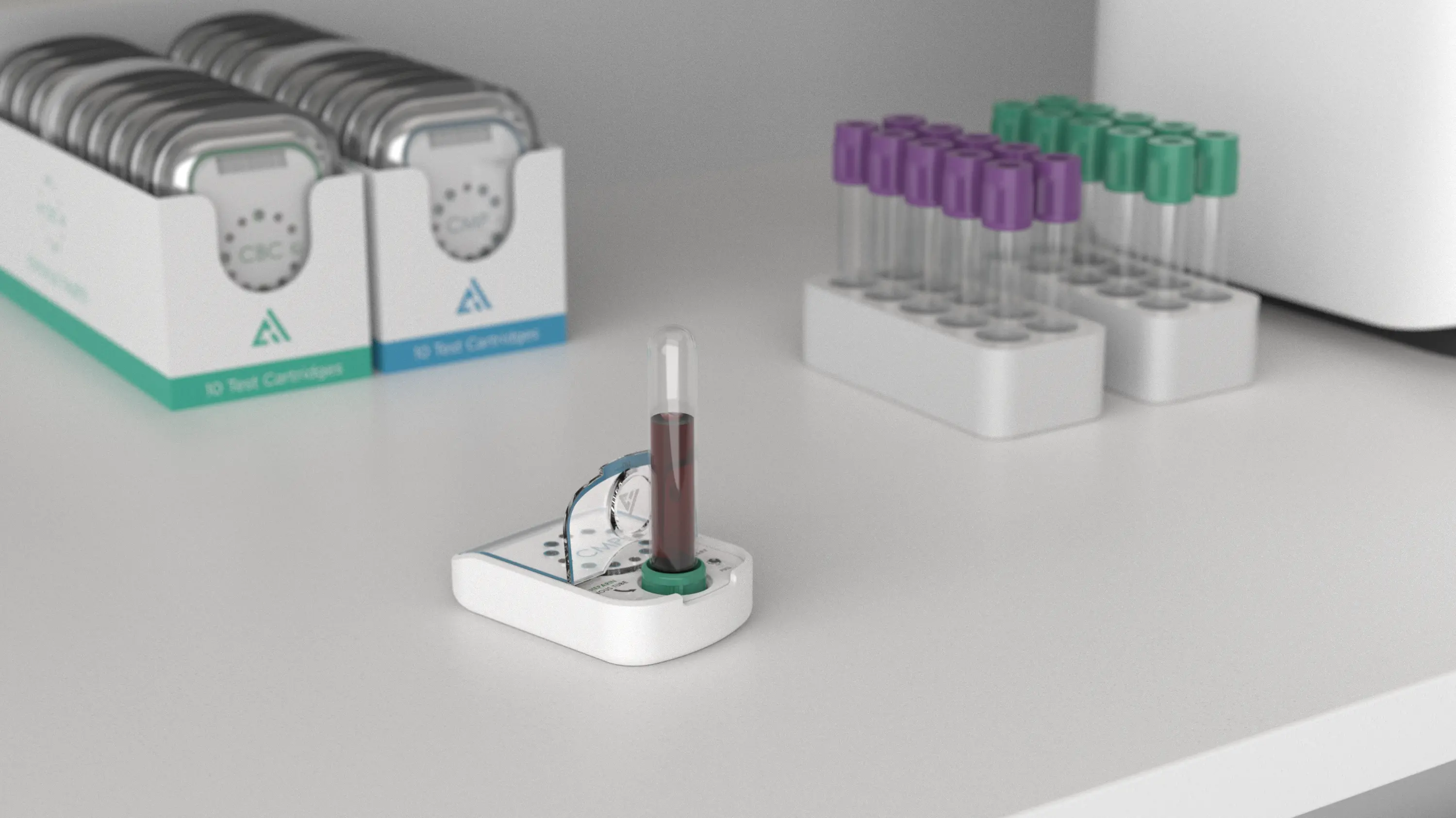 Chronus Health Blood Test cartridge with blood test tube in context