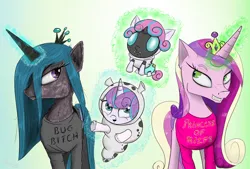 Size: 2200x1483 | Tagged: safe, artist:chopsticks, derpibooru import, princess cadance, princess flurry heart, queen chrysalis, alicorn, changeling, changeling larva, pony, g4, baby, baby flurry heart, baby pony, cadance is not amused, cheek fluff, chest fluff, clothes, costume, crown, cute, cute little fangs, cutealis, cutedance, cuteling, diaper, disguise, disguised changeling, dyed mane, ear fluff, fake cadance, fangs, female, filly, flurrybetes, foal, folded wings, glow, glowing horn, hoodie, horn, image, implied milf, jewelry, levitation, looking at each other, looking at someone, magic, makeup, mare, milf, mlp fim's fourteenth anniversary, png, regalia, socks, telekinesis, text, text on clothing, unamused, vulgar, wig, wings