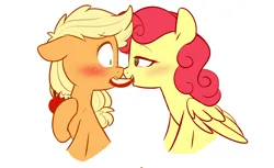 Size: 2273x1395 | Tagged: safe, artist:chub-wub, derpibooru import, applejack, strawberry sunrise, earth pony, pegasus, pony, g4, apple, apple slice, applerise, bedroom eyes, blushing, boop, cute, duo, duo female, eye contact, female, flustered, folded wings, food, freckles, image, jackabetes, jpeg, lesbian, looking at each other, looking at someone, mare, noseboop, pinpoint eyes, sharing food, ship:applerise, shipping, simple background, strawwberry sunrise, white background, wings