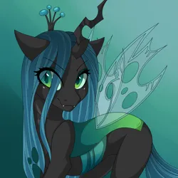 Size: 2449x2449 | Tagged: safe, artist:ridgessky, derpibooru import, queen chrysalis, changeling, changeling queen, g4, crown, cute, cutealis, eye clipping through hair, eyebrows, eyebrows visible through hair, fangs, female, gradient background, horn, image, jewelry, png, regalia, smiling, solo, wings