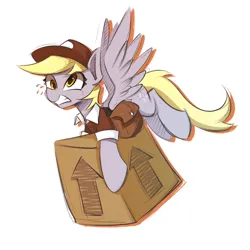 Size: 1024x1024 | Tagged: safe, artist:l8lhh8086, derpibooru import, derpy hooves, pegasus, pony, g4, the point of no return, box, carrying, cute, derpabetes, emanata, female, image, mailmare, mare, my little pony, package, plewds, png, simple background, solo, sweat, this side up, white background