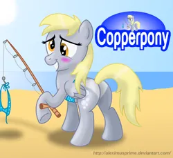 Size: 1052x965 | Tagged: safe, artist:aleximusprime, derpibooru import, derpy hooves, pegasus, pony, g4, bikini, blushing, bubble butt, butt, clothes, coppertone parody, cute, derpabetes, female, fishing rod, i just don't know what went wrong, image, mare, plot, png, side-tie bikini, solo, swimsuit, tan lines, undressing