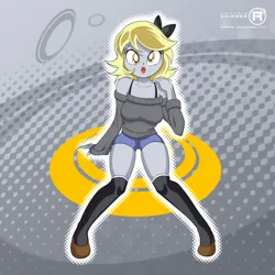 Size: 1920x1920 | Tagged: safe, artist:theratedrshimmer, derpibooru import, derpy hooves, human, equestria girls, g4, 2010s, adorasexy, clothes, cute, derpabetes, frutiger metro, image, jpeg, sexy, shorts, socks, solo, stockings, sweater, thigh highs