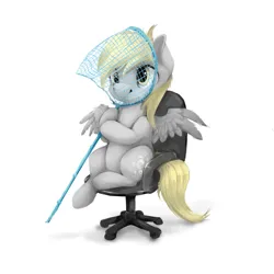 Size: 3000x3000 | Tagged: safe, artist:katemaximova, derpibooru import, derpy hooves, pegasus, pony, g4, butterfly net, chair, cute, derpabetes, female, hoof hold, image, jpeg, mare, net, office chair, palindrome get, simple background, sitting, smiling, solo, spread wings, wings