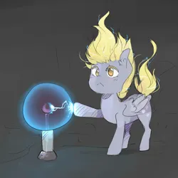 Size: 3000x3000 | Tagged: safe, artist:katemaximova, derpibooru import, derpy hooves, pegasus, pony, g4, slice of life (episode), :<, black background, cute, derpabetes, ear fluff, electricity, female, frown, image, jpeg, mare, my little pony, plasma ball, scene interpretation, simple background, solo, static, wings