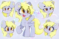 Size: 3375x2250 | Tagged: safe, artist:zokkili, derpibooru import, derpy hooves, pegasus, pony, g4, :3, beanbrows, cute, derp, derpabetes, ear fluff, eye clipping through hair, eyebrows, eyebrows visible through hair, female, high res, image, jpeg, mare, open mouth, open smile, raised hoof, smiling, solo, spread wings, wings