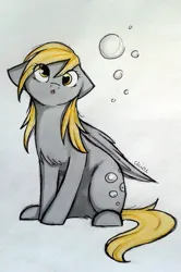 Size: 1521x2295 | Tagged: safe, artist:chimeeri, derpibooru import, derpy hooves, pegasus, pony, g4, bubble, cute, derpabetes, female, floppy ears, image, jpeg, mare, sitting, solo, traditional art