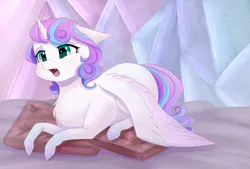 Size: 2952x2000 | Tagged: safe, artist:chiweee, derpibooru import, princess flurry heart, alicorn, pony, g4, season 6, blushing, chest fluff, colored wings, cute, female, filly, flurrybetes, foal, image, lying down, multicolored hair, multicolored wings, my little pony, pillow, png, solo, wings, yawn