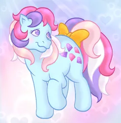 Size: 1279x1301 | Tagged: safe, artist:mewnikitty, derpibooru import, sweet stuff, earth pony, pony, twinkle eyed pony, g1, abstract background, blushing, bow, colored eyelashes, female, gradient background, grin, heart, image, mare, nervous, nervous grin, png, purple eyelashes, raised hoof, smiling, solo, standing, tail, tail bow