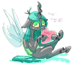 Size: 1460x1316 | Tagged: safe, artist:nobody, artist:oppa-homeless-style, derpibooru import, queen chrysalis, changeling, changeling queen, g4, blushing, cute, cutealis, eating, embarrassed, female, holiday, image, png, solo, valentine, valentine's day