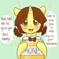 Size: 900x900 | Tagged: safe, artist:mishy, derpibooru import, oc, oc:bumble buzz (bananas wit), pony, unicorn, adorable face, adoracute, askbananaswit, bow, bumblebetes, cute, cute face, dangerously cute, female, food, hairstyle, heart, honey, hoof hold, horn, image, jar, lovely, mare, mare oc, pigtails, png, pretty, solo, sweet, too cute, unicorn oc, weapons-grade cute