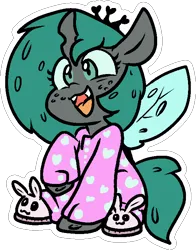 Size: 565x719 | Tagged: safe, artist:zutcha, derpibooru import, queen chrysalis, changeling, changeling queen, g4, bunny slippers, clothes, cute, cutealis, female, freckles, heart print, image, open mouth, open smile, outline, pajamas, png, raised hoof, simple background, slippers, smiling, solo, transparent background, white outline, younger