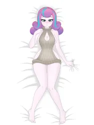 Size: 3072x4096 | Tagged: suggestive, artist:ticonderoka, derpibooru import, princess flurry heart, human, equestria girls, g4, backless, bedroom eyes, braless, breasts, busty princess flurry heart, cleavage, clothes, equestria girls-ified, image, legs, looking at you, lying down, older, older flurry heart, on back, open-back sweater, png, sideboob, sleeveless, sleeveless sweater, sweater, virgin killer sweater, wide hips