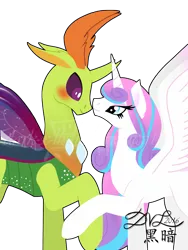 Size: 1536x2048 | Tagged: safe, artist:dark-x-light, derpibooru import, princess flurry heart, thorax, changedling, changeling, g4, to where and back again, bedroom eyes, blushing, changeling king, crack shipping, eye contact, female, holding hooves, image, king thorax, looking at each other, looking at someone, male, my little pony, older, png, raised hoof, ship:flurrax, shipping, simple background, smiling, spread wings, straight, transparent background, watermark, wings