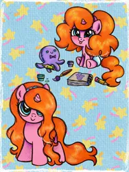 Size: 2250x3000 | Tagged: safe, artist:dariarchangel, derpibooru import, oc, oc:dazha, unofficial characters only, octopus, pony, unicorn, g4, :p, adorable face, baby, baby pony, blue eyes, blushing, button eyes, c:, cute, cute face, cute smile, daaaaaaaaaaaw, drawing, female, female oc, filly, filly oc, foal, gouache, hairband, horn, image, jpeg, long hair, long mane, long tail, looking up, mare oc, ocbetes, orange hair, orange mane, orange tail, paintbrush, passepartout, patterned background, pencil, pink coat, plushie, pony oc, puffy hair, puffy mane, puffy tail, sitting, sketchbook, small horn, smiling, smol, solo, tail, tongue out, too cute, traditional art, very long hair, weapons-grade cute, younger