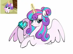 Size: 2048x1504 | Tagged: safe, artist:petaltwinkle, derpibooru import, princess flurry heart, alicorn, pony, g4, crystal heart, cute, female, filly, hoof hold, image, jpeg, looking at you, mare, older, older flurry heart, screencap reference, simple background, smiling, spread wings, wings