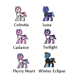 Size: 326x348 | Tagged: safe, artist:ser_merrick, derpibooru import, princess cadance, princess celestia, princess flurry heart, princess luna, twilight sparkle, oc, oc:winter eclipse, alicorn, pony, g4, armor, clothes, digital art, greek clothes, image, pixel art, png, toga