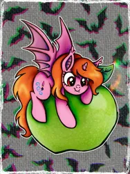 Size: 2250x3000 | Tagged: safe, artist:dariarchangel, derpibooru import, oc, oc:dazha, unofficial characters only, bat, bat pony, pony, unicorn, vampire, vampire bat pony, g4, >:), adorable face, apple, bat ears, bat ponified, bat pony oc, bat wings, c:, cute, cute face, cute little fangs, cute smile, eyebrows, eyebrows visible through hair, fangs, female, female oc, food, giant apple, green apple, horn, image, jpeg, long tail, looking at something, mare, mare oc, my precious, ocbetes, orange hair, orange mane, orange tail, passepartout, pink coat, pony oc, race swap, red eyes, small horn, smiling, smol, solo, spread wings, tail, traditional art, unicorn bat pony, unicorn oc, wings