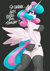 Size: 2919x4096 | Tagged: suggestive, artist:flutterthrash, derpibooru import, princess flurry heart, alicorn, anthro, pony, g4, ass, big breasts, black underwear, bra, breasts, busty princess flurry heart, butt, clothes, dialogue, female, flurrybutt, gray background, high res, image, jpeg, mare, older, older flurry heart, panties, sideboob, simple background, socks, solo, solo female, spread wings, stockings, thigh highs, underwear, wings