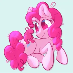 Size: 1933x1933 | Tagged: safe, artist:cupute, derpibooru import, pinkie pie, earth pony, pony, g4, adorable face, big ears, big eyes, blue background, blue eyes, bluesky, creature, curly hair, curly mane, curly tail, cute, cute face, diapinkes, ears up, female, frizzy hair, full body, highlights, image, imported from bluesky, jpeg, looking at each other, looking at hooves, looking at someone, looking at something, looking forward, lying down, mascara, messy mane, nerd, pink coat, pink hair, pink mane, pink tail, ponk, shiny, shiny mane, silly, simple background, smiling, tail, thick eyelashes