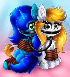 Size: 4678x5120 | Tagged: suggestive, artist:deraniel, derpibooru import, oc, oc:amberlue, oc:silver hush, unofficial characters only, pony, unicorn, bondage, bound and gagged, collar, cute, gag, horn, image, looking at you, png, rope, tied up