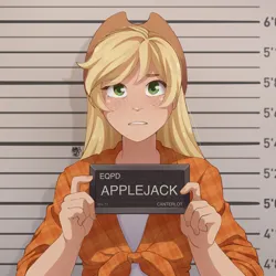 Size: 2048x2048 | Tagged: safe, artist:applesartt, derpibooru import, applejack, human, g4, applejack's hat, barbie, barbie (film), barbie mugshot meme, blushing, clothes, cowboy hat, cute, female, flannel, freckles, gritted teeth, hat, high res, humanized, image, jackabetes, jail, looking at you, meme, mugshot, nervous, png, solo, tanktop, teeth, worried